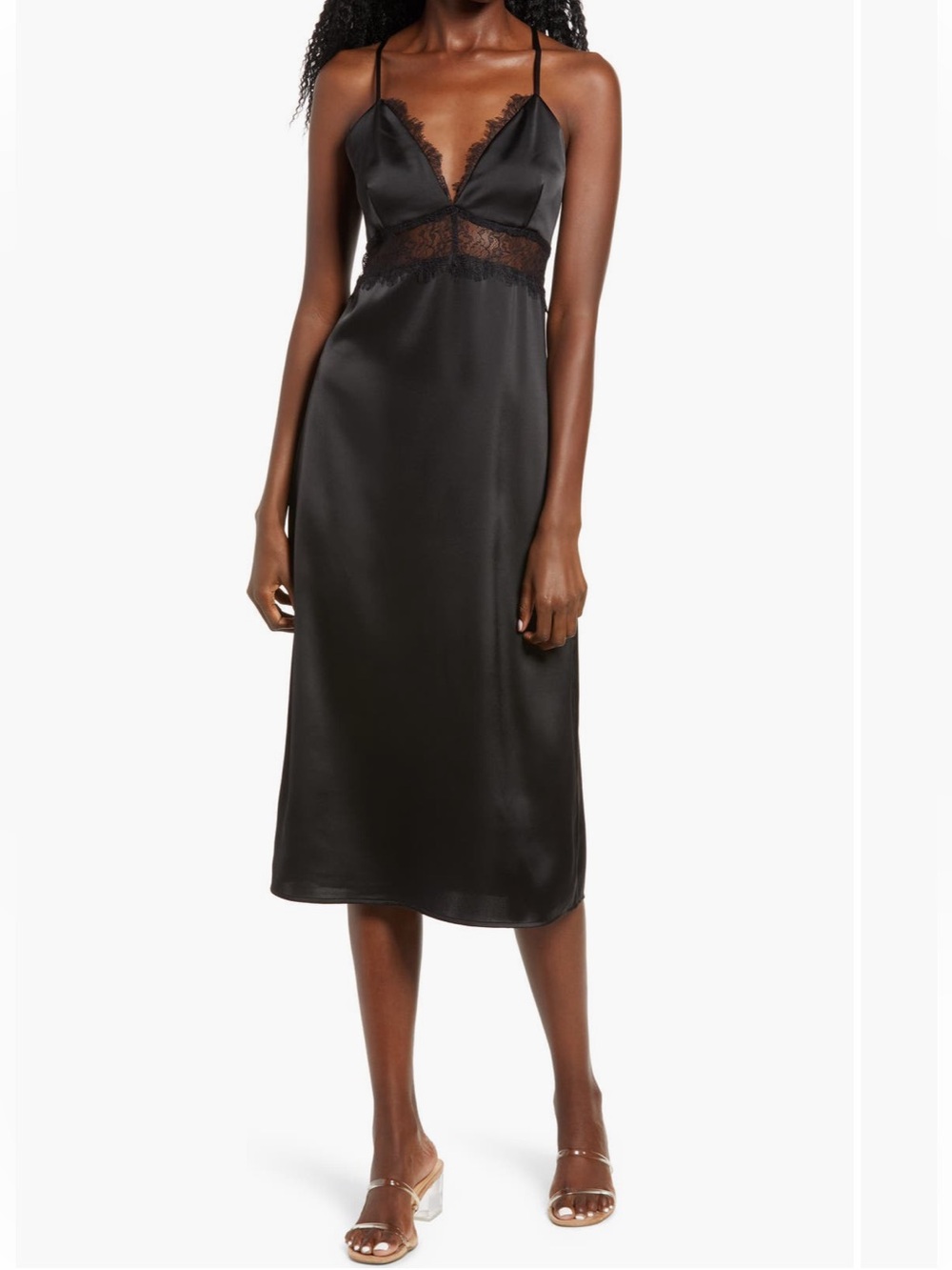 WAYF Black Lace-Trim Satin Slip Dress